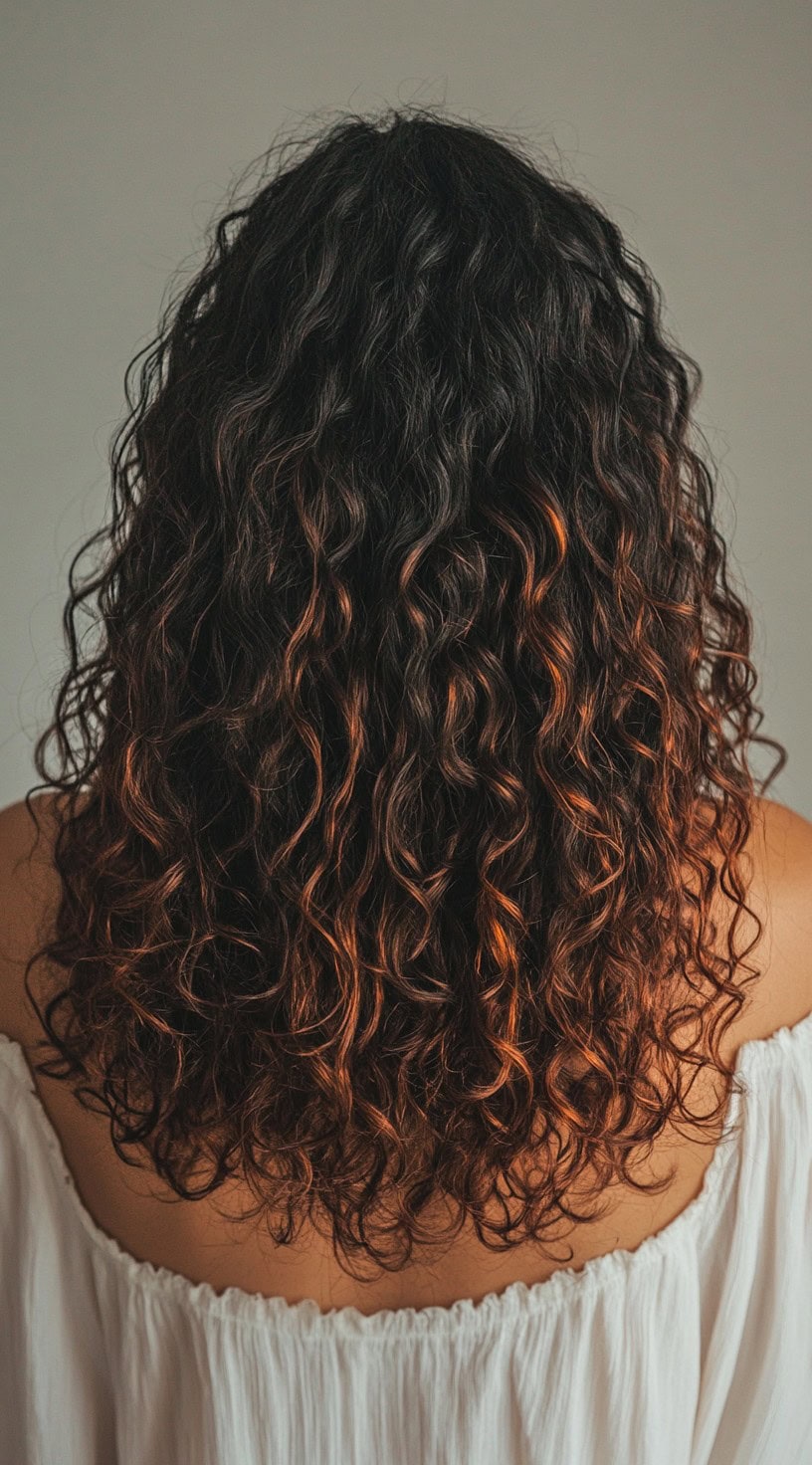 This image presents natural, defined curls with copper brown tips adding a subtle touch of warmth to the black base.