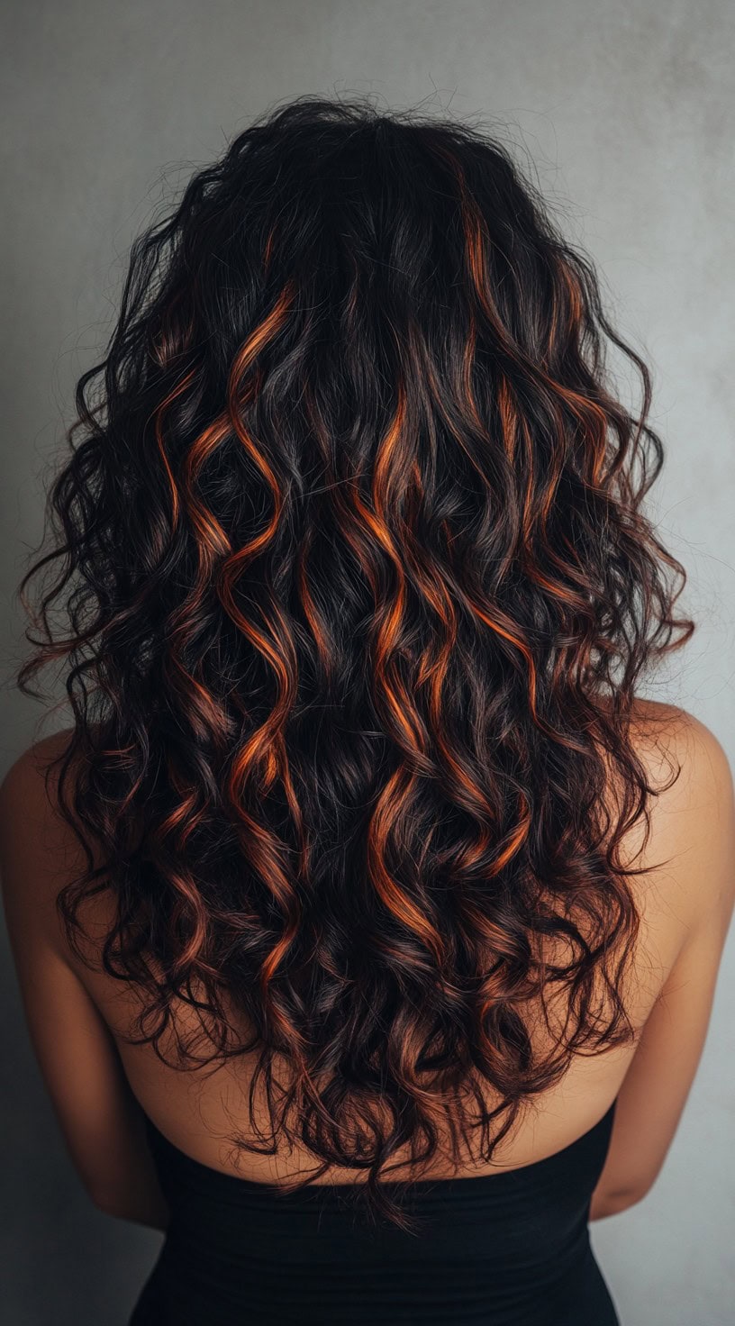 This image presents voluminous, defined curls with rich mahogany brown accents interwoven into the dark black hair.