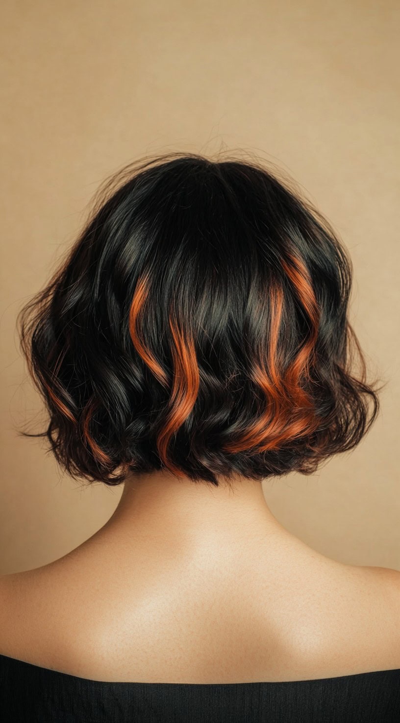 This image showcases a bob cut with vibrant copper brown accents subtly highlighting the black hair.