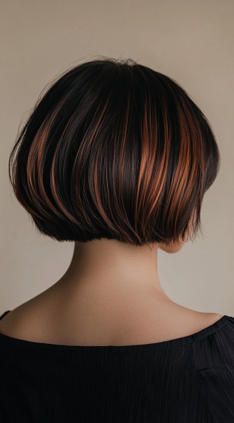 This image showcases a classic bob cut, accented with warm chestnut brown streaks along the dark hair.