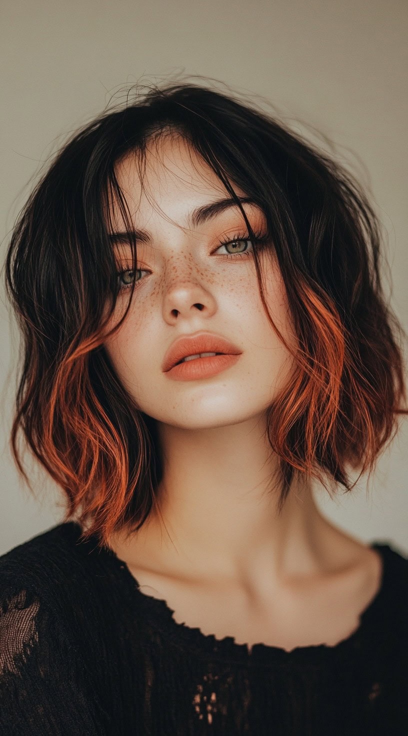 This image showcases a tousled lob (long bob) with rich copper brown tips on black hair.