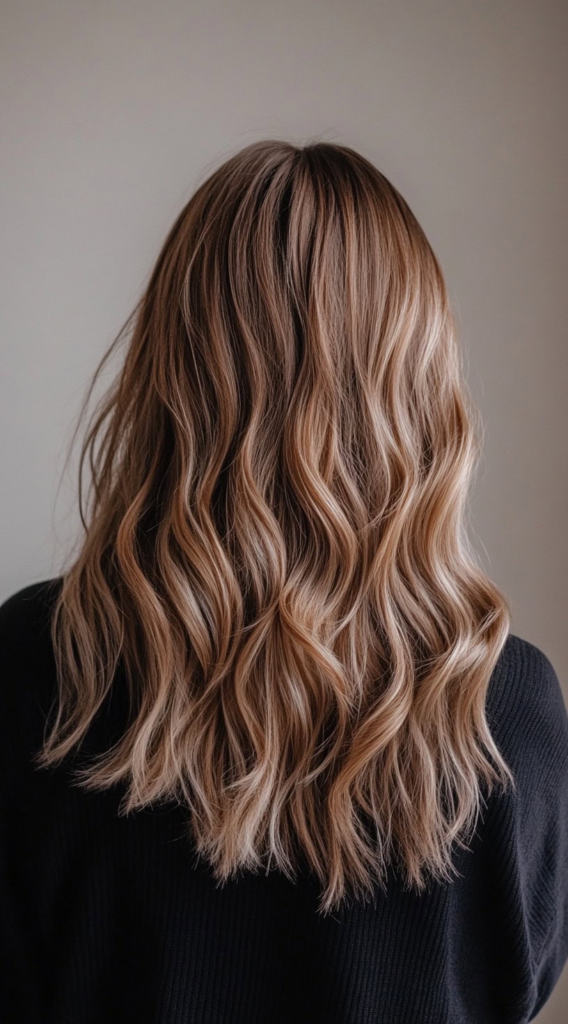 This image showcases a wavy long bob (lob) with light caramel balayage highlights on a brown base.