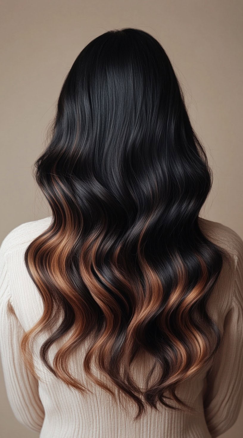 This image showcases long, glossy black hair with caramel balayage applied to the lower half, creating a seamless blend between the dark and light tones.