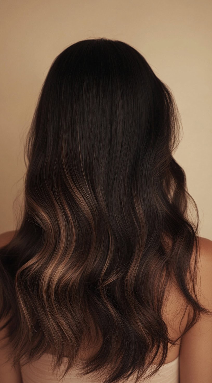 This image showcases medium-length hair styled with loose waves and subtle caramel balayage highlights on a dark base.