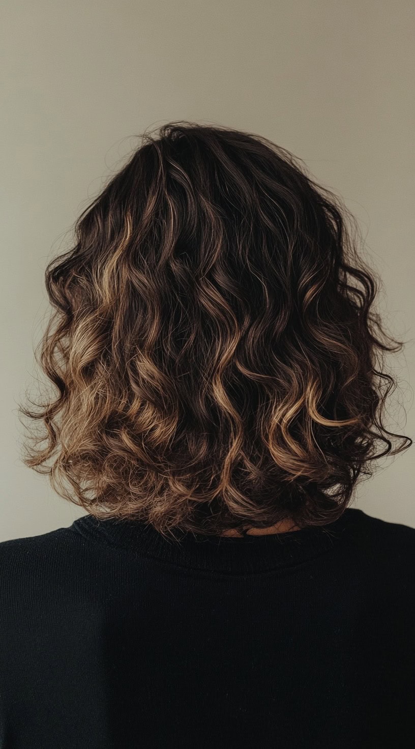 This image showcases short, tousled curls with light caramel balayage highlights scattered throughout the dark brown base.