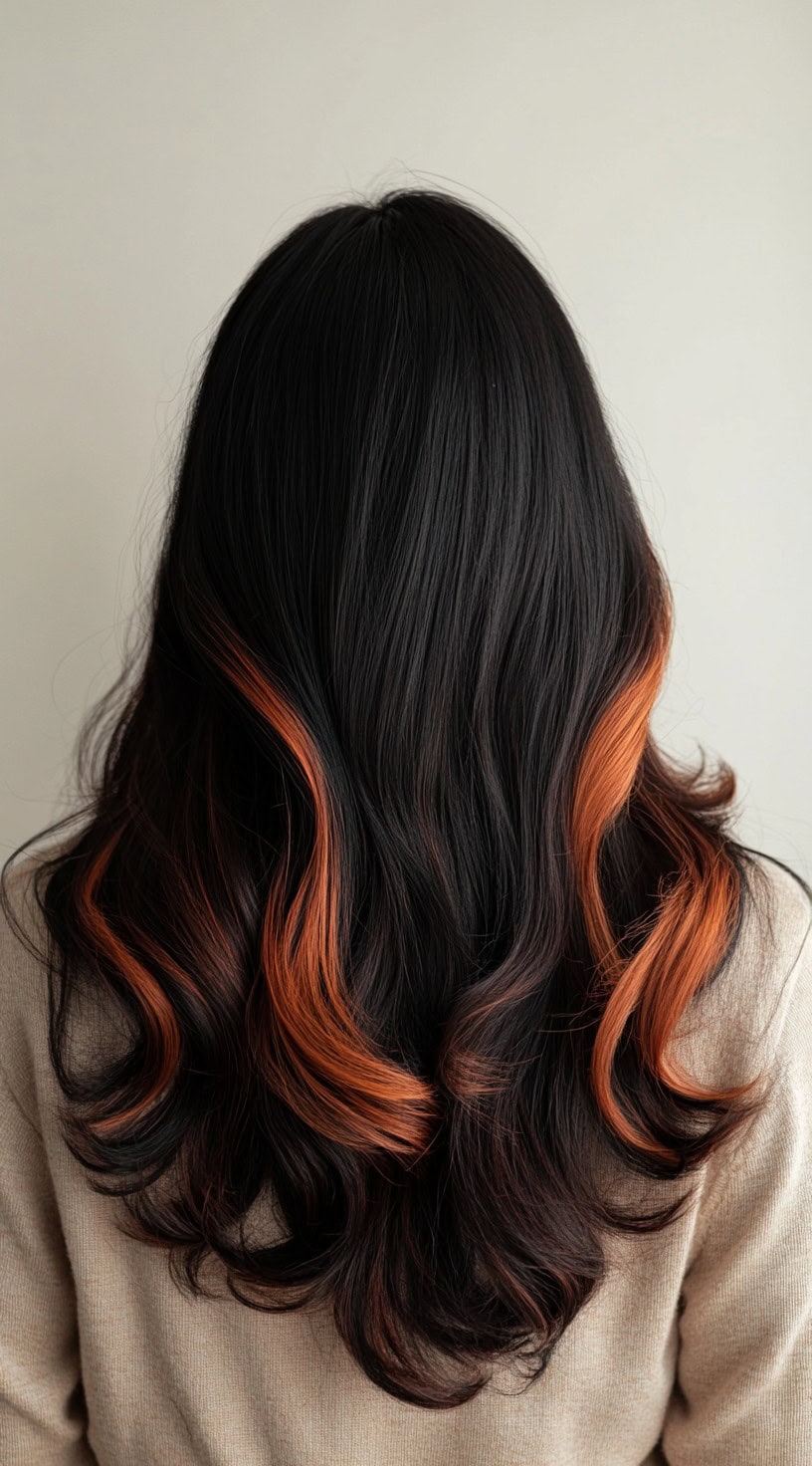 This image showcases soft, flowing waves with copper brown balayage, concentrated at the ends of the black hair.