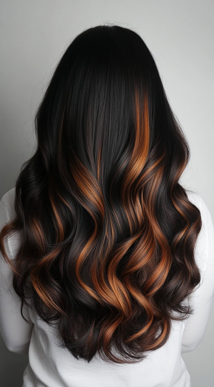 This image showcases voluminous black curls with caramel brown highlights cascading throughout.