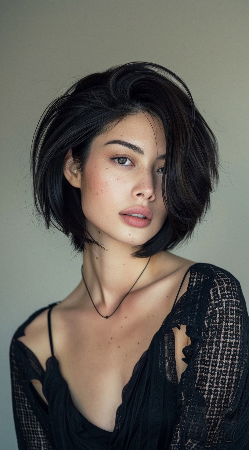 This image shows a front-facing view of a woman with a voluminous stacked bob with a side part, wearing a black lace top.