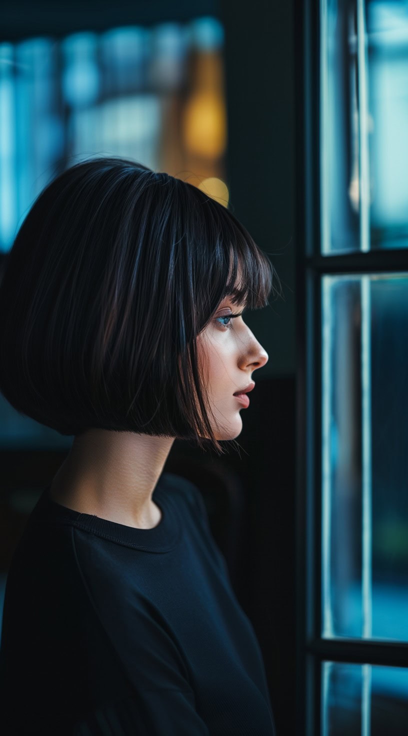 This image shows a side profile of a woman with a precision cut stacked bob with bangs, featuring sleek dark hair.