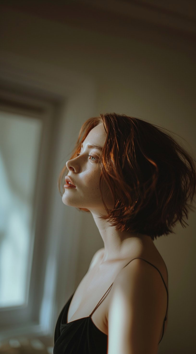 This image shows a side profile of a woman with a textured red stacked bob, illuminated by soft light.