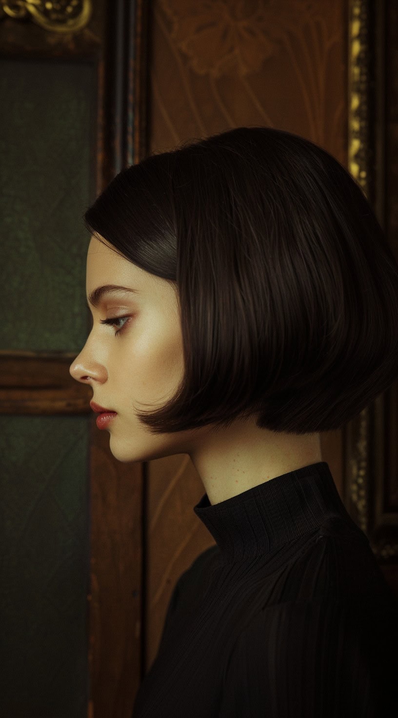 This image shows a side profile of a woman with a sleek vintage stacked bob, wearing a black high-neck top.