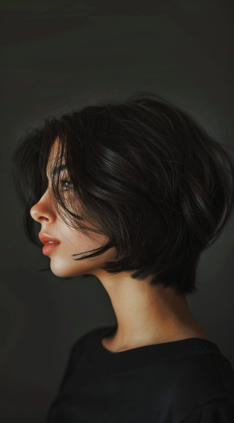 This image shows a side profile of a woman with a softly textured stacked bob, featuring dark hair and subtle waves.