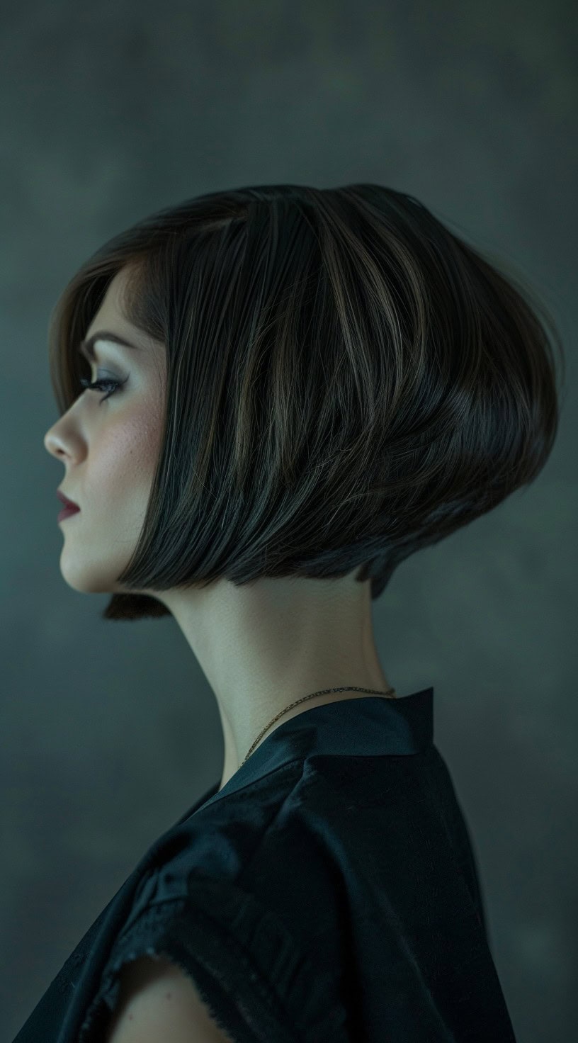 This image shows a side profile of a woman with an edgy stacked bob with blunt ends, featuring dark, sleek hair.