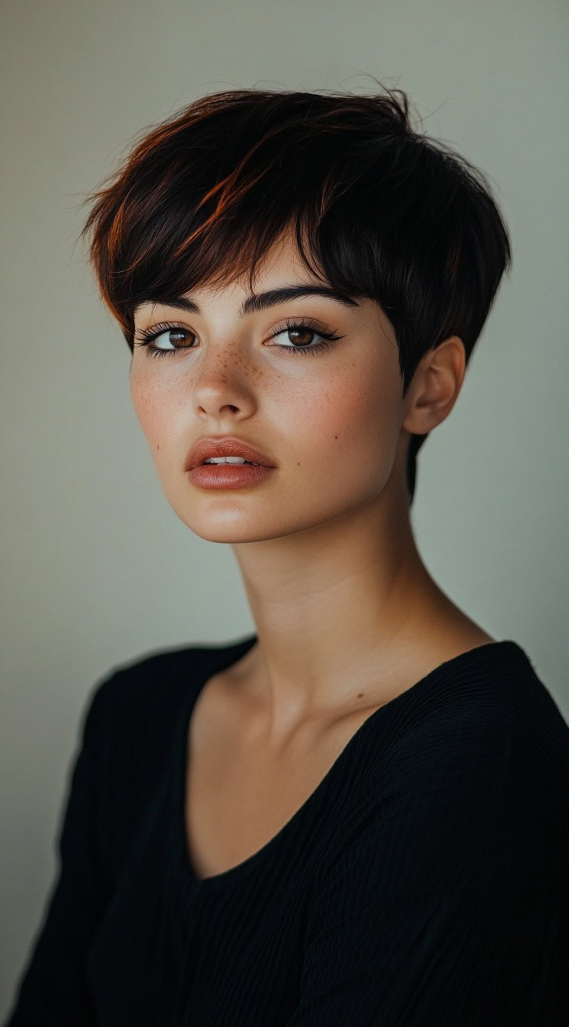 This image shows a textured pixie cut with subtle auburn highlights scattered throughout the dark black base.