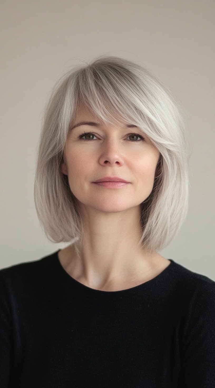 This image shows a woman with a sleek silver bob styled with a side part and soft bangs.