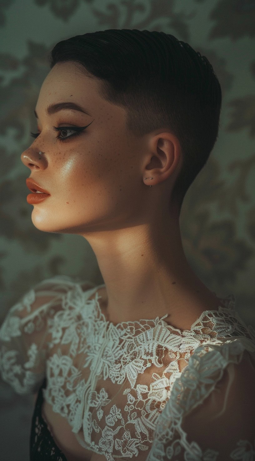 This image shows a woman with a slicked back undercut hairstyle, emphasizing sharp lines and a polished look.