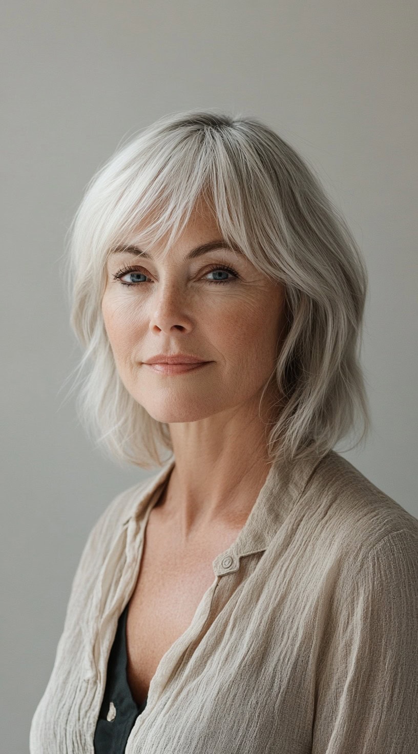 This image shows a woman with a textured silver bob with layered bangs that frame the face.