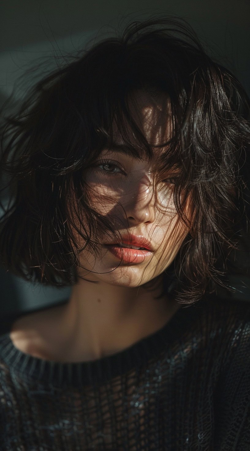 This image shows a woman with a tousled bob hairstyle and wispy bangs.