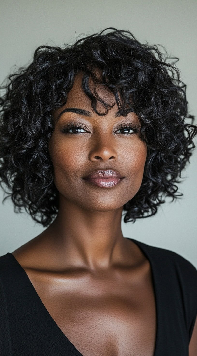 This image shows a woman with dark curly hair styled into a bob with wispy bangs.