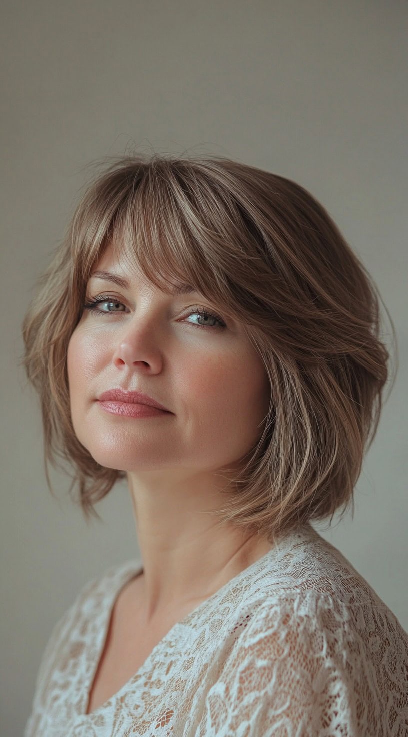 This image shows a woman with light brown hair styled into a choppy bob with curtain bangs.