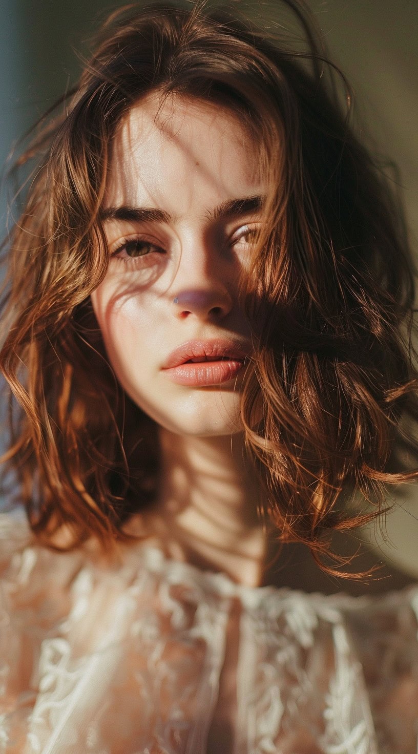 This image shows a woman with soft waves and a natural texture in her short hair.