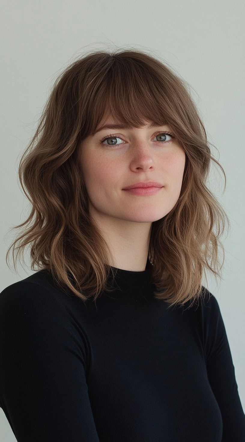 This image shows a woman with wavy brown hair styled in a bob with full, blunt bangs.