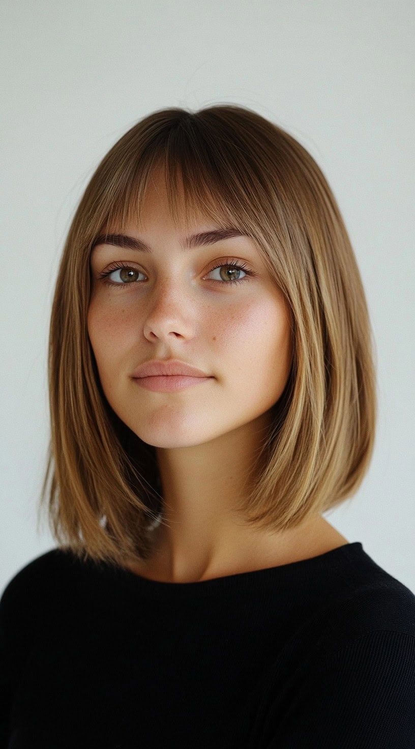 This image shows a young woman with a blunt bob and soft, straight-across baby bangs.