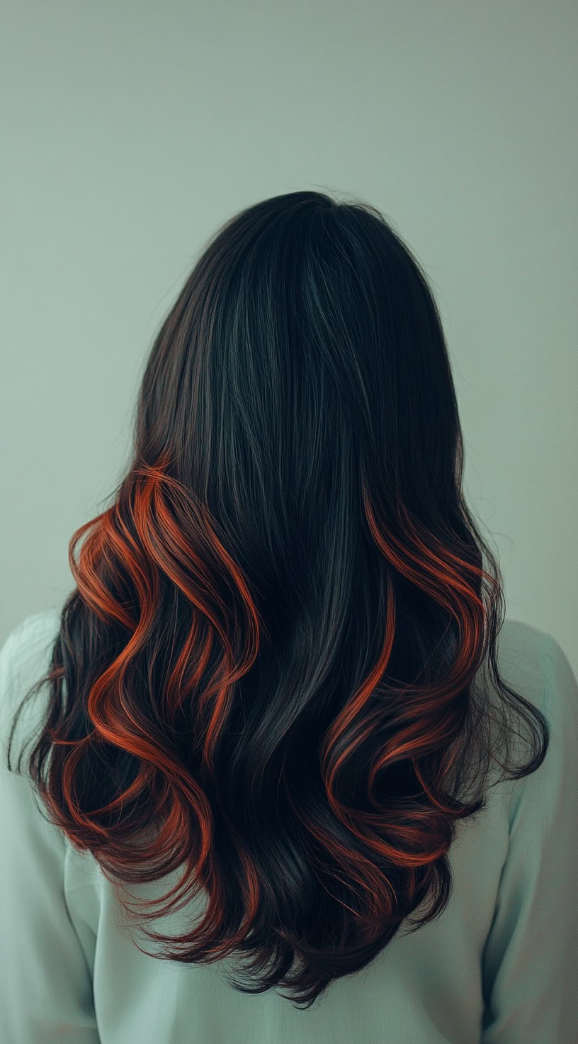 This image shows soft waves cascading down black hair with subtle red highlights woven through the ends.