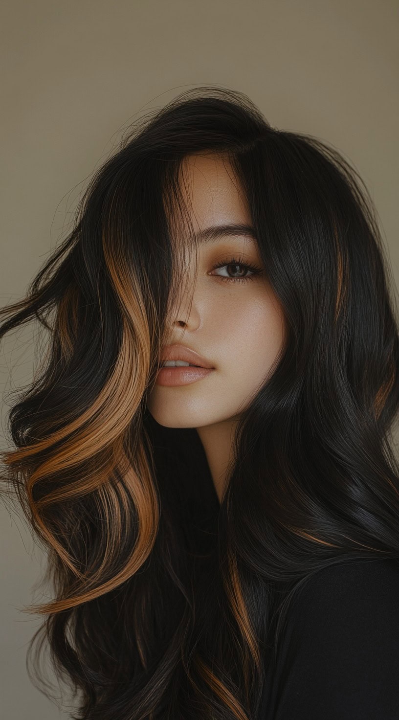 This photo features long, flowing black hair with golden brown highlights framing the face.