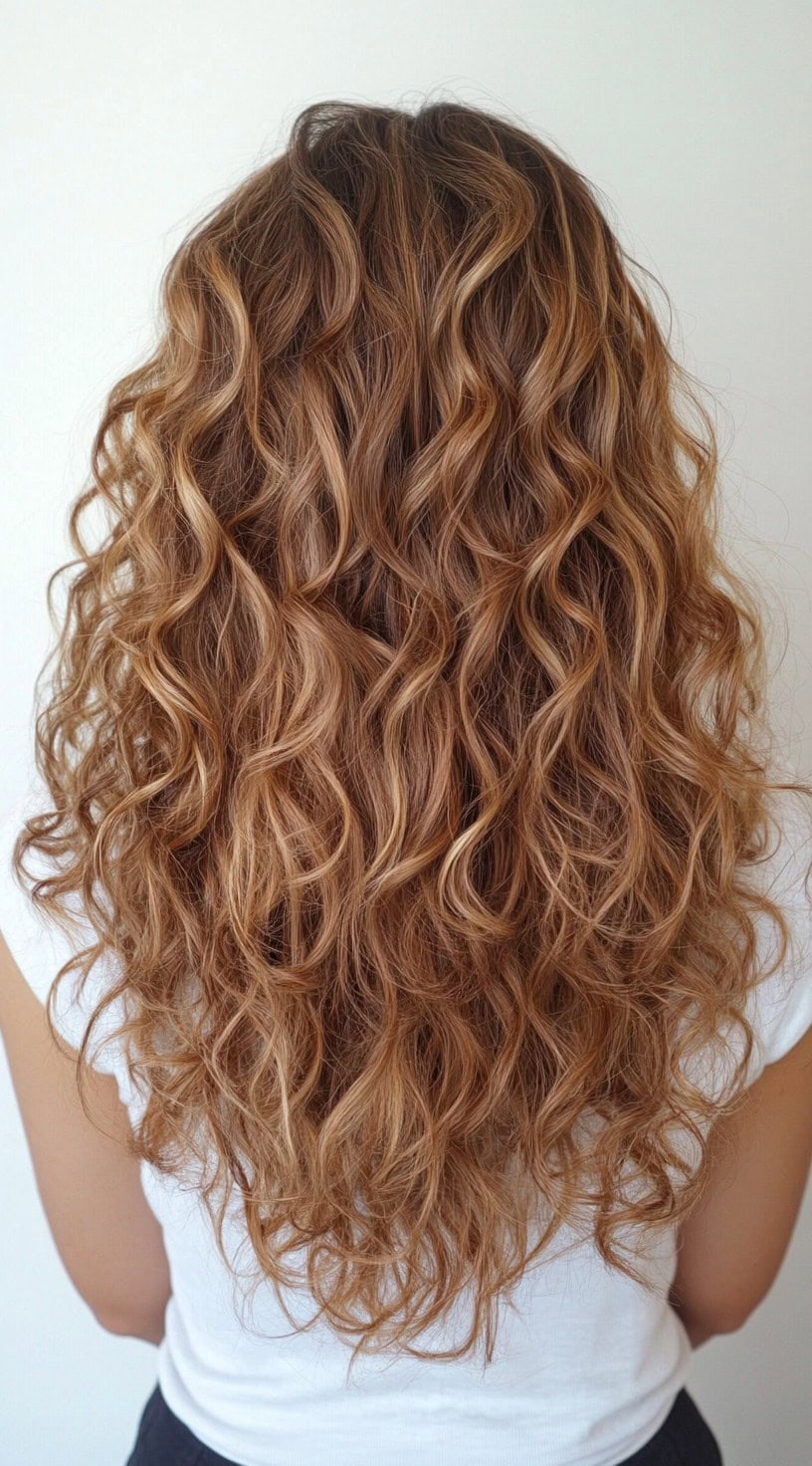 Tightly defined curls enhanced by a caramel balayage with honey highlights.