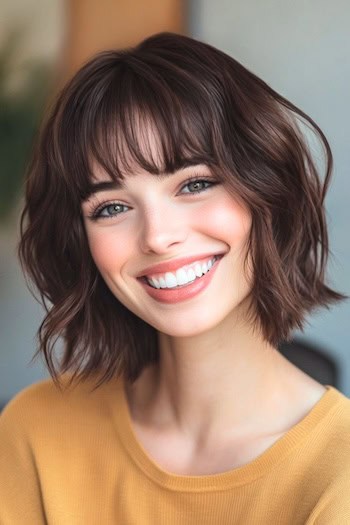 Tousled Wavy Bob With Piecey Bangs Haircut on a smiling woman with short brown hair.