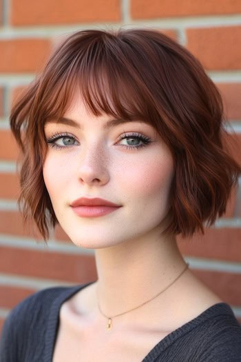 Tousled Wavy Bob With Piecey Bangs Haircut on a woman with short auburn brown hair.