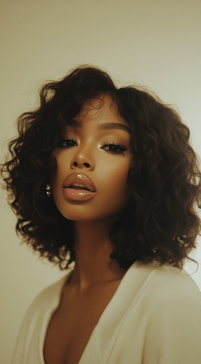 Voluminous curly bob with a side part and defined curls.