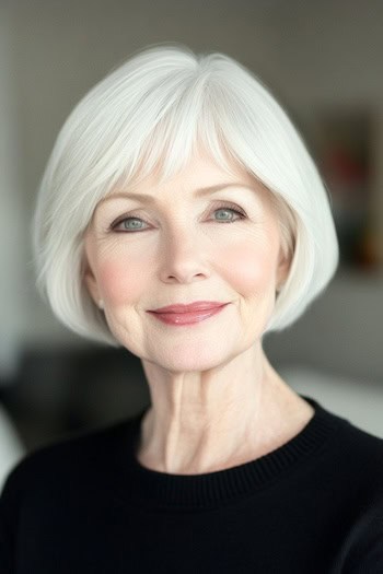 Voluminous Jaw-Length Bob With Bangs Haircut on an older woman with short white hair.