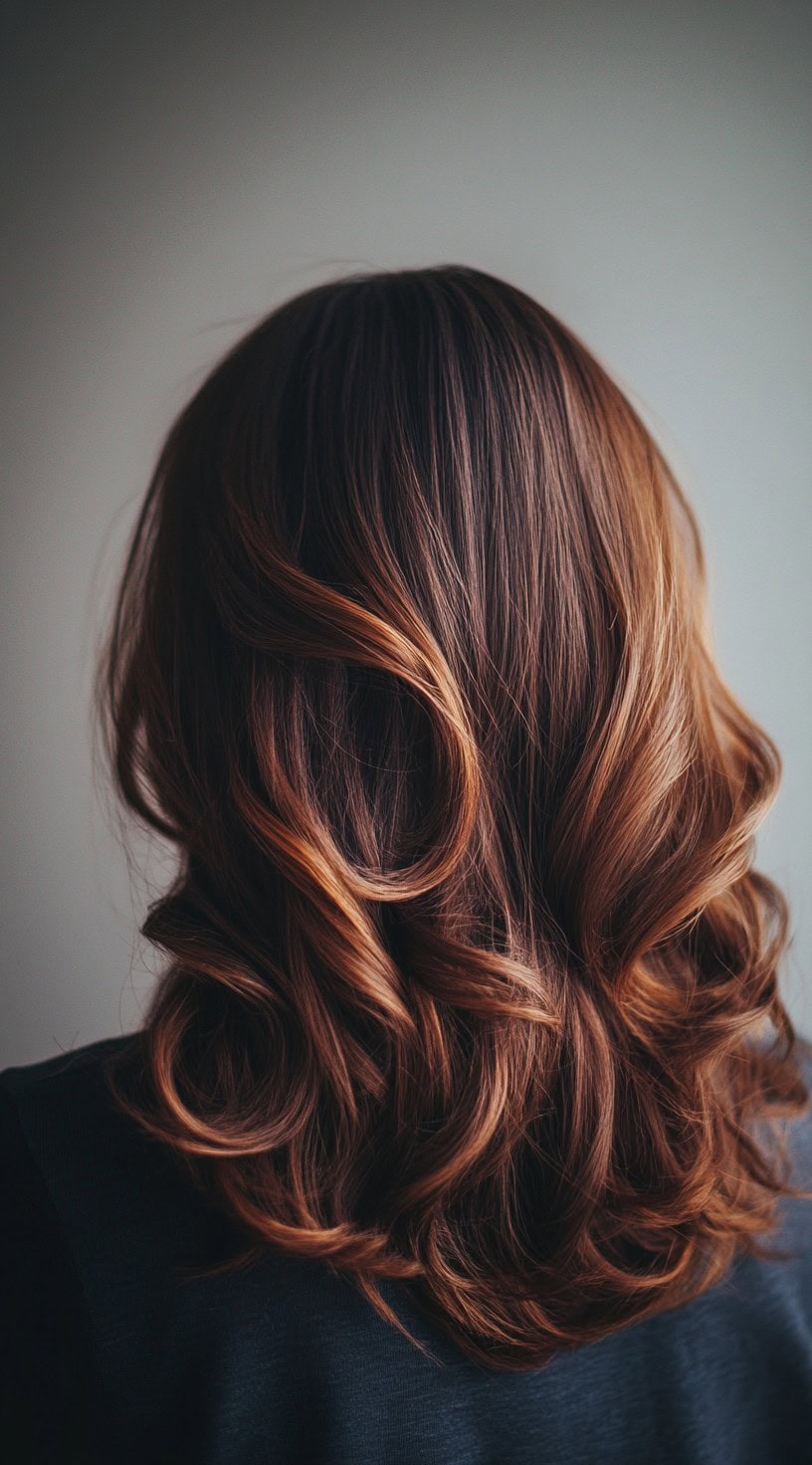 Voluminous waves in copper tones with rich auburn undertones.