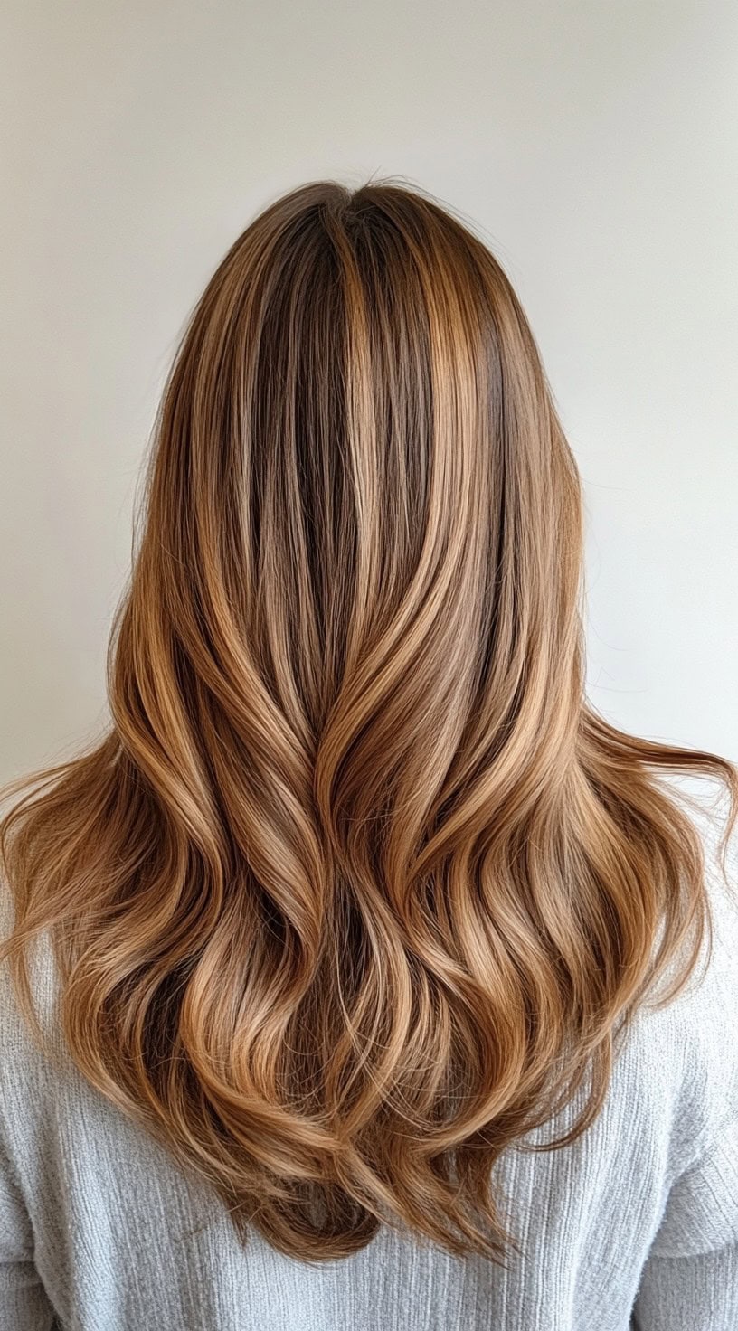 Voluminous waves with a caramel balayage enhanced by honey highlights.