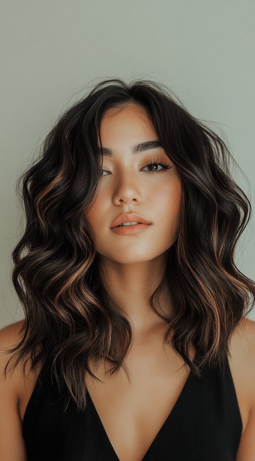 Voluminous wavy bob with caramel highlights softly woven through dark black hair.