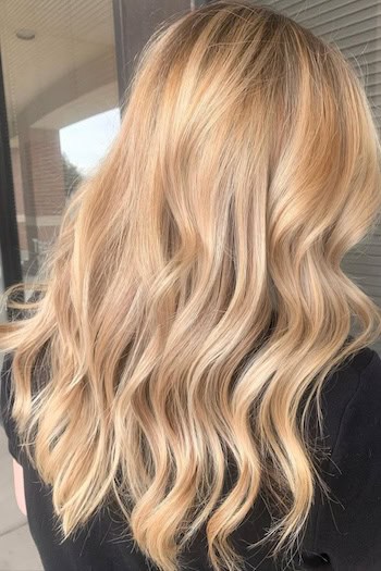 Warm Blonde Full Highlight Root Smudge hair color on a woman with wavy blonde hair, back view.