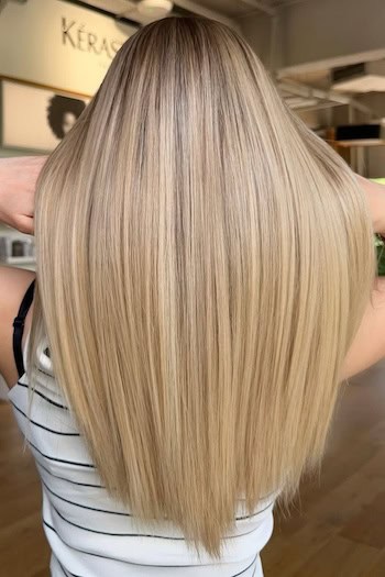 Warm Blonde Straight Hair on a woman with long blonde hair, back view.