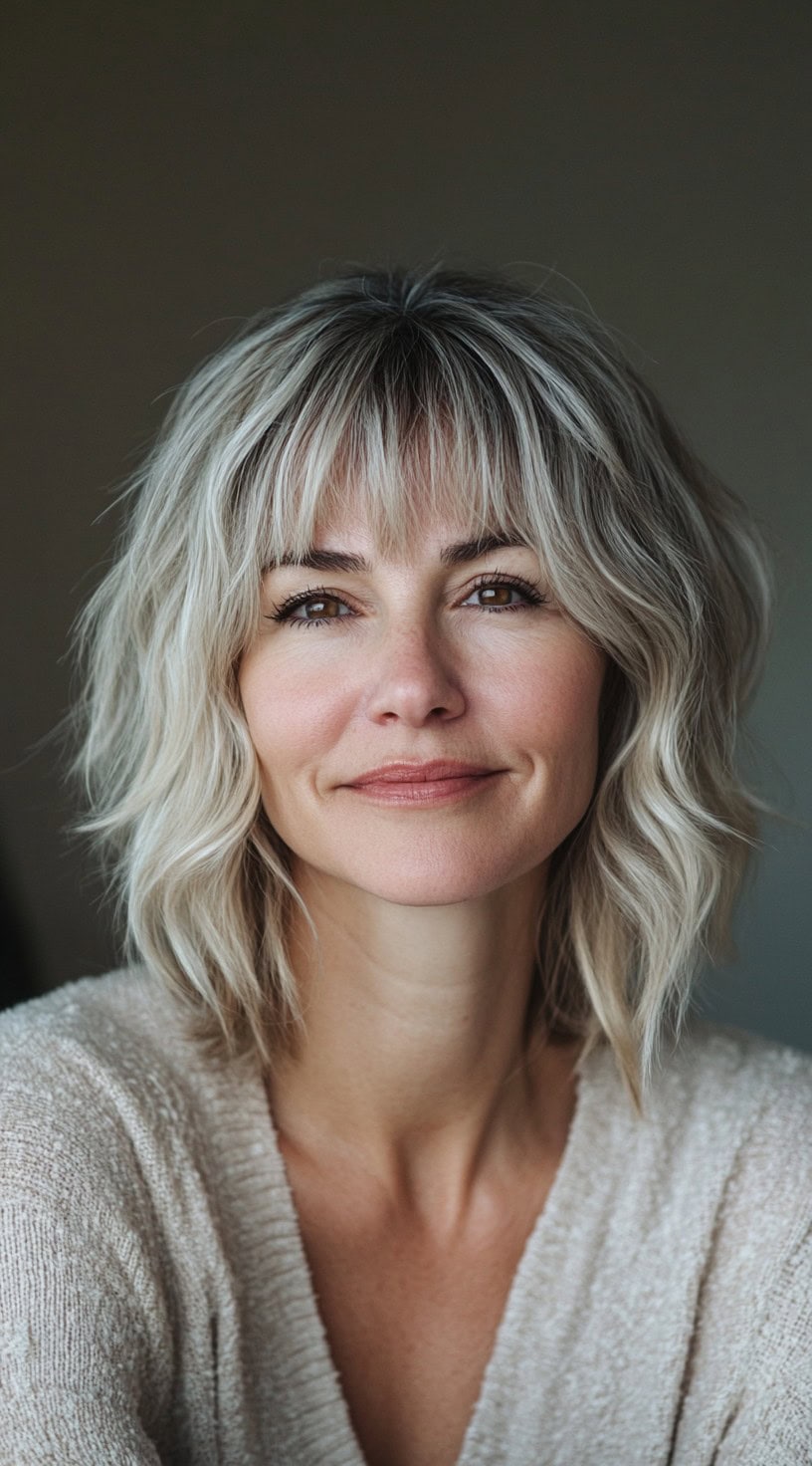 Wavy blonde bob with full bangs and soft, textured layers.