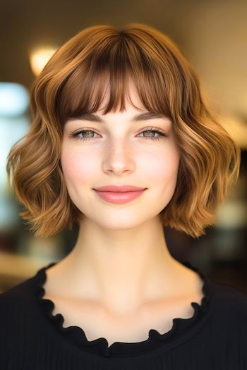 Wavy Bob With Choppy Bangs Haircut on a woman with short brown hair.