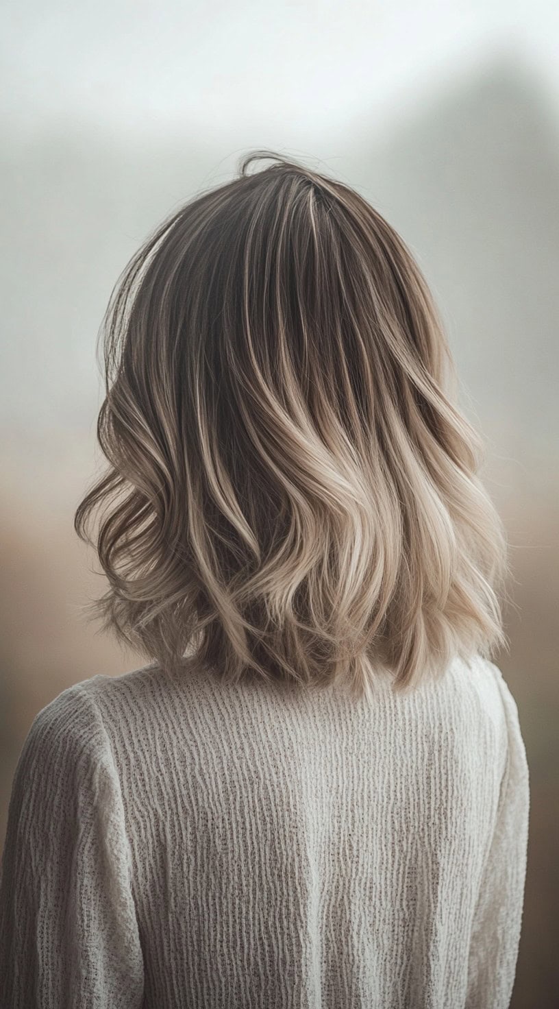 Wavy bob with dark roots blending into soft beige blonde balayage.