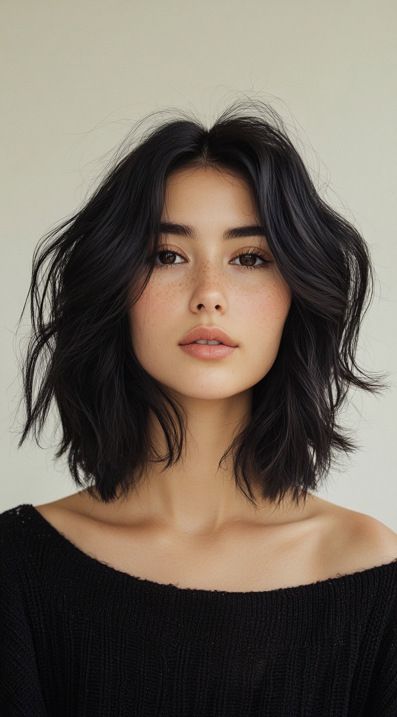 Wavy bob with soft curtain bangs and a tousled finish.