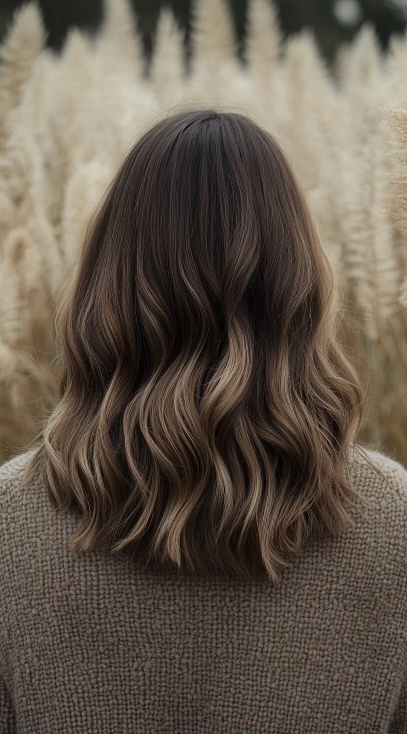 Wavy dark brown hair with subtle, warm brunette balayage highlights.