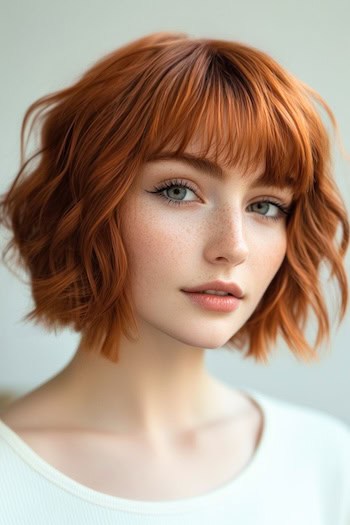 Wavy Layered Bob With Textured Bangs Haircut on a woman with short deep dark copper hair.