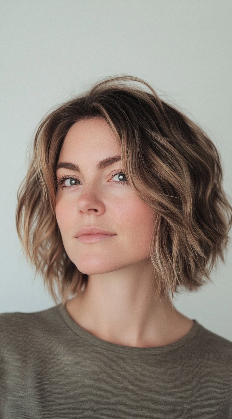 Wavy light brown bob with soft texture and natural movement.