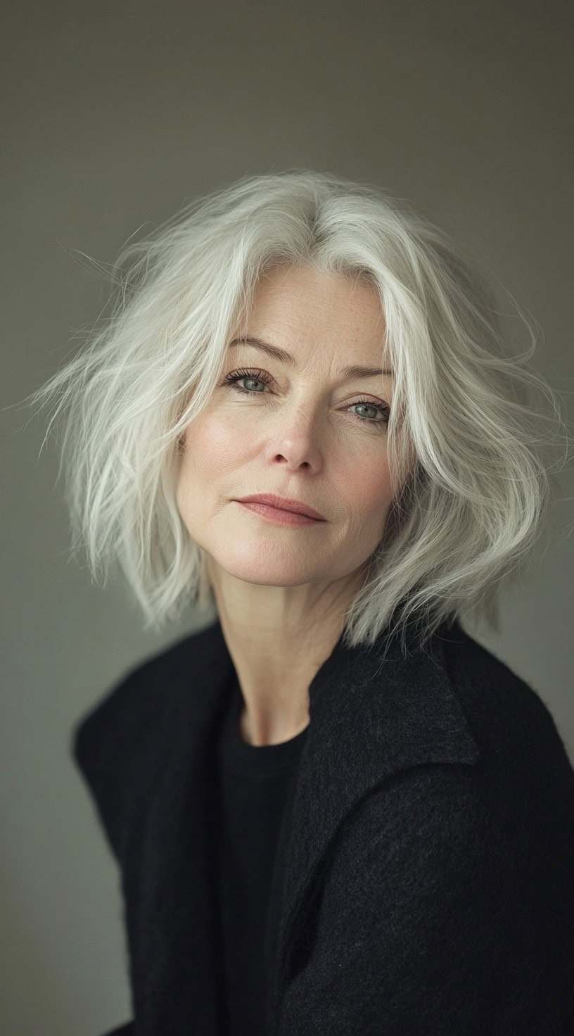 Wind-swept white bob with tousled layers and soft volume.