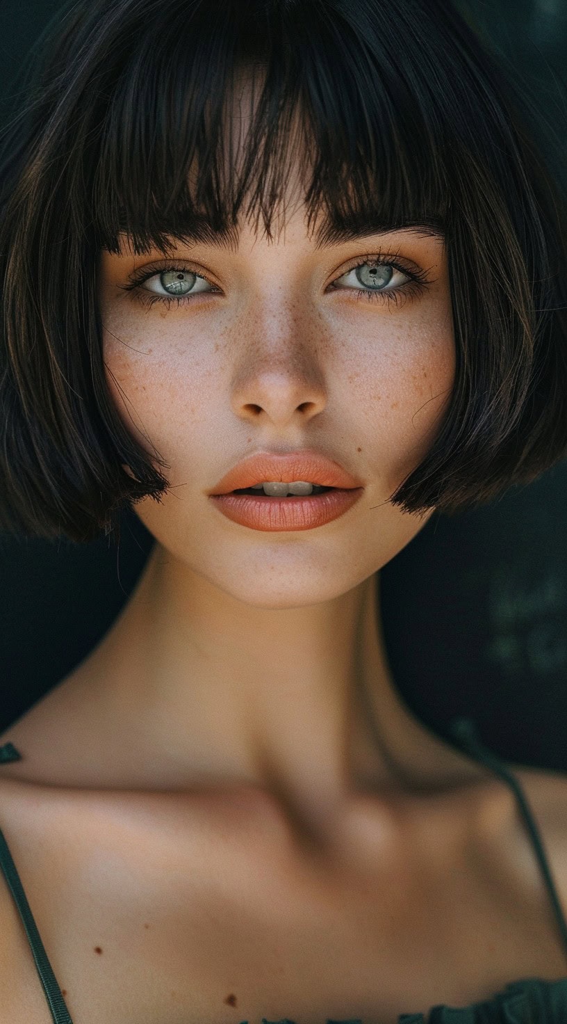 Young woman with a classic bob and wispy bangs, posing against a dark background.