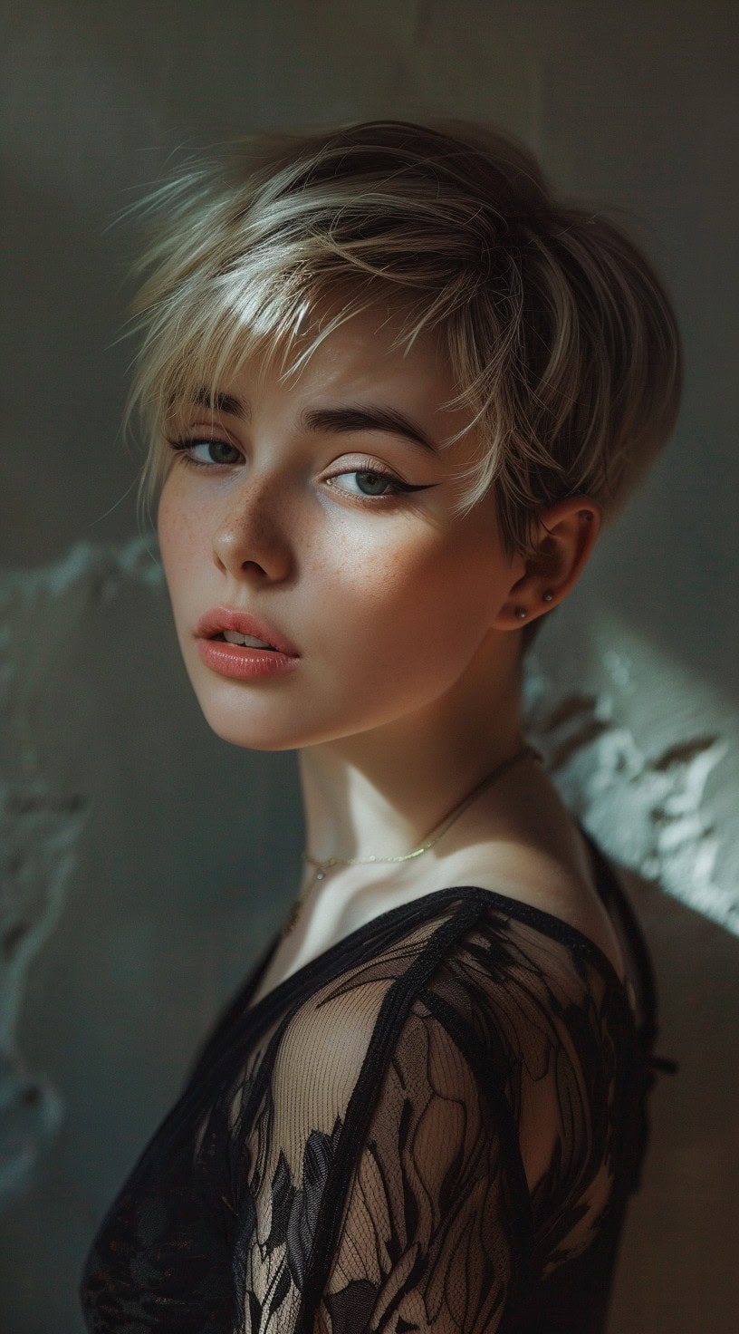 Young woman with a classic pixie cut and side-swept wispy bangs, looking elegant.