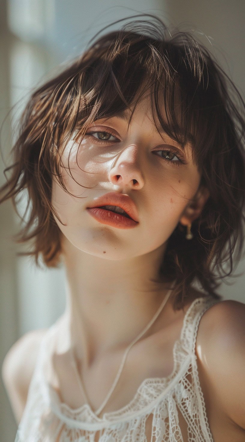 Young woman with a messy layered shag hairstyle and wispy bangs, posing in natural light.